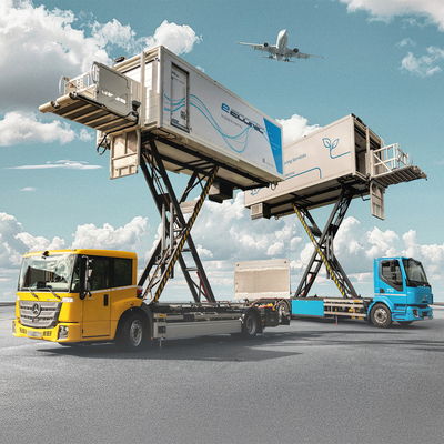 Electric catering trucks with elevated platforms servicing planes, featuring sustainable designs against a clear sky backdrop.